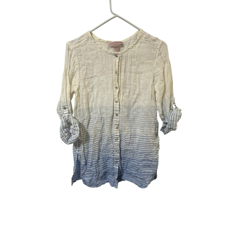 Saint Tropez West‎ 100% Linen Woven Button Up Top Size M Gray Blue Stripes